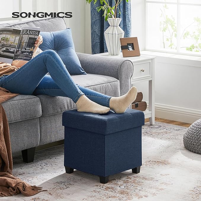 SONGMICS Storage Ottoman, Small Ottoman Foot Rest with Legs, 15 x 15 x 15.7 Inches Foot Stool, Load up to 660 lb, for Living Room, Bedroom, Dorm, Midnight Blue ULSF14IN