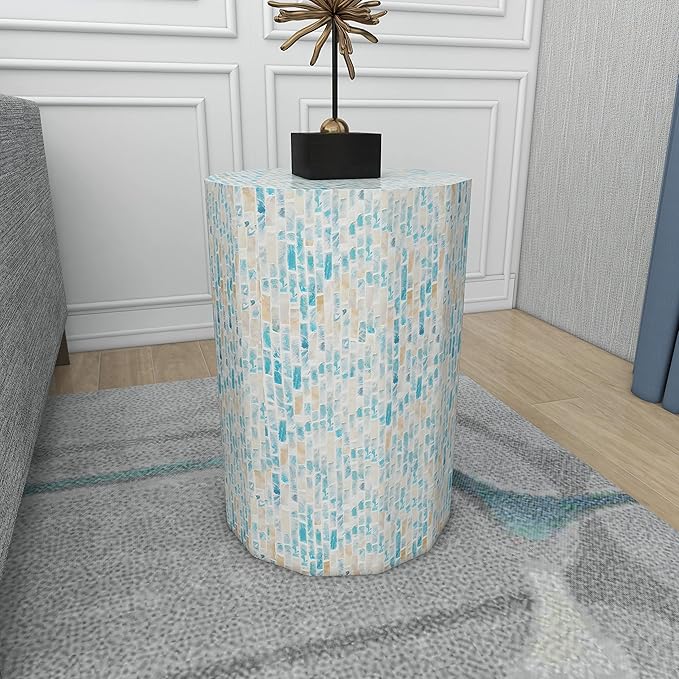 Deco 79 Mother of Pearl Shell Handmade Side End Accent Table End Table, Side Table 13" x 13" x 19", Blue