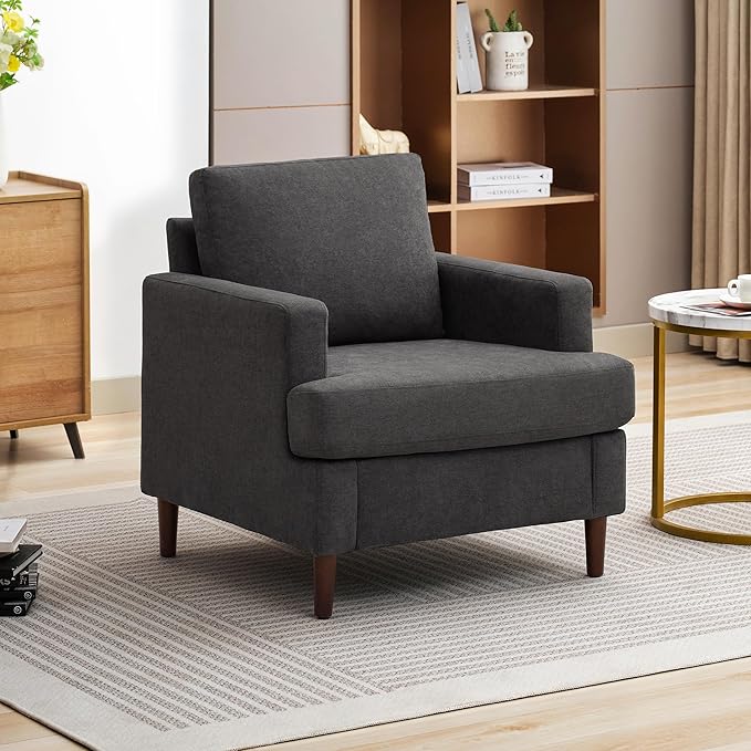 Mid-Century Accent Chair,Modern Linen Fabric Armchair for Living Room,Comfy Upholstered Reading Accent Chairs for Bedroom,Single Sofa Chair with Wood Legs (Dark Grey, 1 Pack)