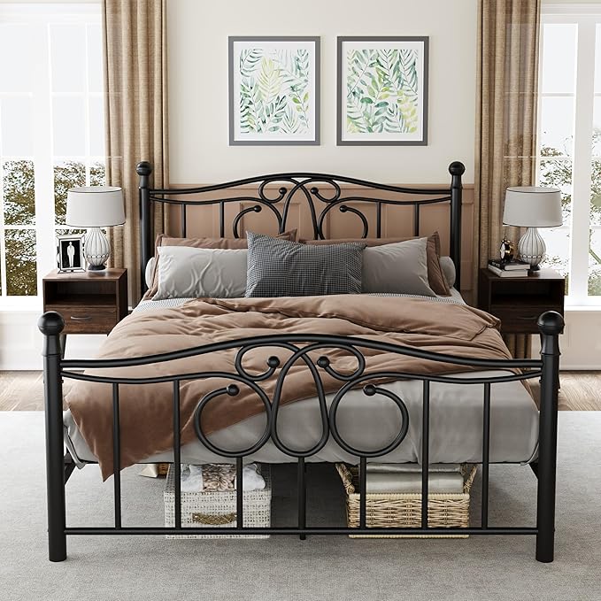 Metal Queen Single Bed Frame with Scroll Design, 82.7" in Steel Bed Frame with Protective Foot Pads, Strong Bearing Capacity Queen Size Bed, Easy Assembly, Underbed Storage Space(43.3 inch)