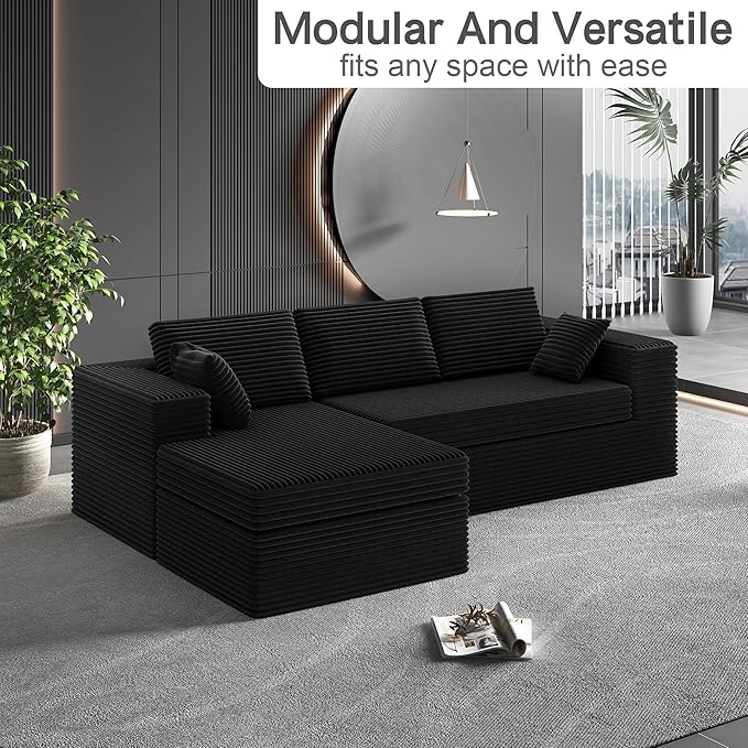 108-inch Boneless Couch for Living Room,Comfy Boneless Sofa with Deep Seats & Chaise Lounge, 3-Seat Modular Sofa Memory Foam Sectional Couches - No Assembly Required(Dark Black)