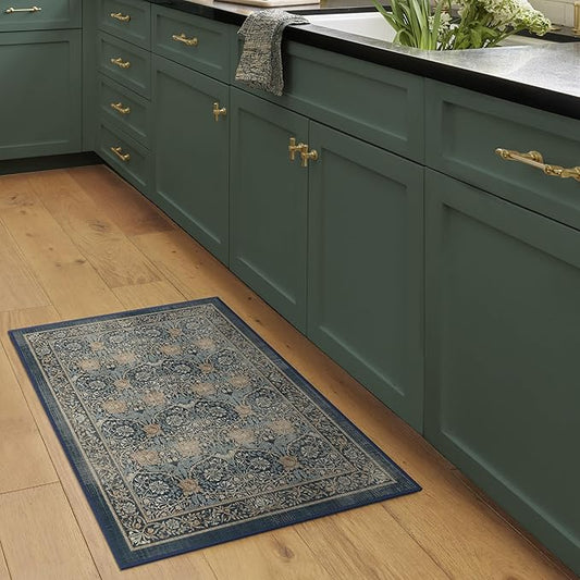 RUGGABLE x Morris & Co Machine Washable Area Rug – Honeysuckle & Tulip Blue 2x3, Stain-Resistant, Non-Slip – Small Rugs for Living Room, Bedroom, Hallway, Entryway & Bathroom–with Cushioned Pad
