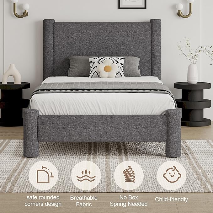 Twin Size Bed Frame, Boucle Upholstered Platform Bed with Headboard and Footboard, Soft Rounded Corners, No Box Spring Required, Easy Assembly, Dark Grey