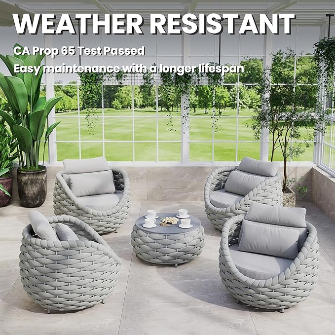 Front Porch Furniture Set: 5 Pieces Aluminum Patio Conversation Set All Weather - Cushioned Outdoor Sofa Set Assembled - Modern Metal Couch Seating for 400lbs Deck Garden Poolside Hotel - Gray