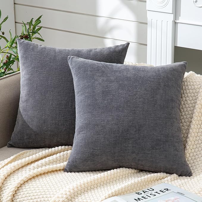 GAWAMAY Decorative Square Throw Pillow Covers 18"x18" Inch Set of 2, Super Soft Chenille Pillows Farmhouse Fall Pillowcase for Living Room Bedroom Sofa Couch Cushion Cover Grey 45x45cm (No Insert)