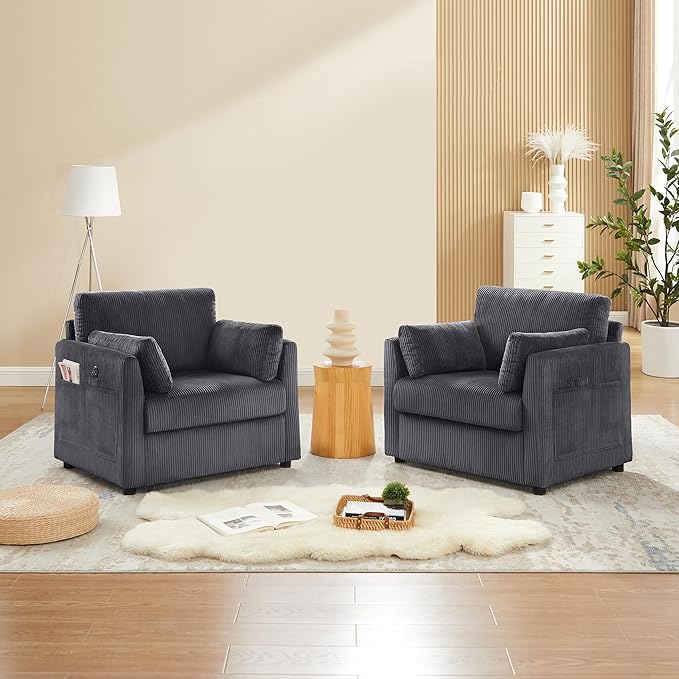 Modern Corduroy Accent Chairs, 38" W Comfy Armchair with Soft Pillows and Side Pockets, Single Reading Chairs for Living Room, Bedroom, Apartment, Grey