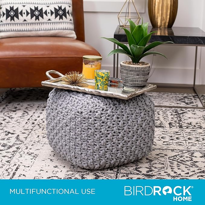 BIRDROCK HOME Square Pouf Ottoman | Cotton Braided Foot Stool with Bean Bag Filling | Boho Foot Rest for Living Room, Bedroom | Compact & Comfortable Seating, Lightweight & Sturdy | Grey