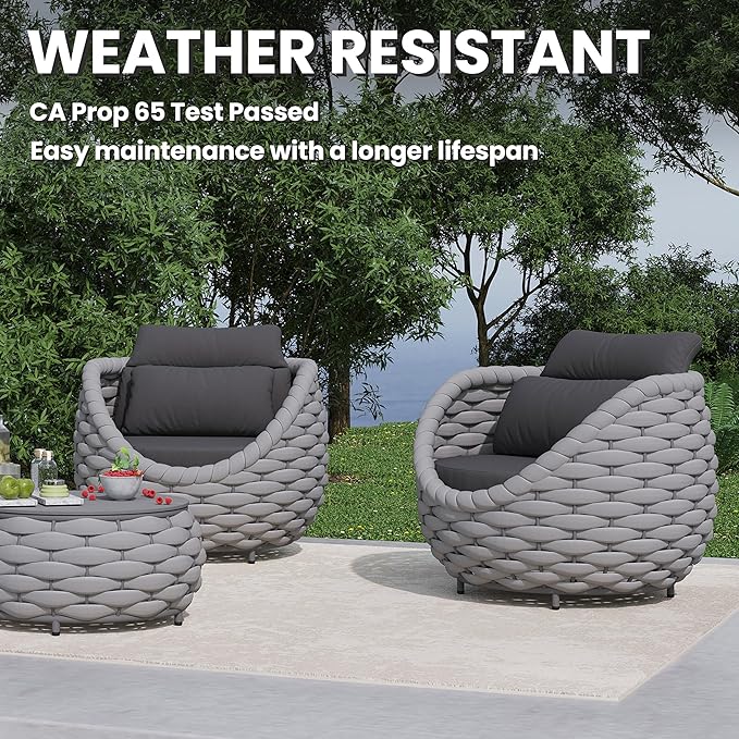 3 Pieces Aluminum Patio Furniture Sofa Sets: Hand Woven Rope Outdoor Conversation Set of 2 - Assembled Modern Cushions Couch Armchair Table Set - All Weather for Indoor Deck Porch Pool Hotel