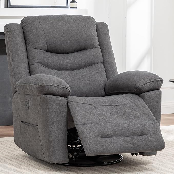 Power Swivel Rocker Recliner with Massage and Heat, USB Port, Infinite Position, Oversized Electric Glider Rocking Chairs Living Room, Soft Fabric Reclining Sofa Chair (Dark Grey Fabric)