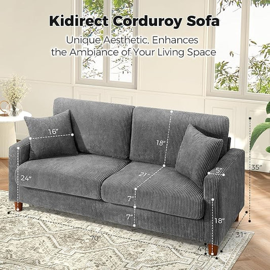 Kidirect 70in Corduroy Couch, Sofa No Tool Assembly, Comfy Couches for Living Room 21in Deeper Seats, Corduroy Sofas for Living Room with 2 Pillows, Oversized Loveseat Sofa, Boho Love Seat Grey Couch