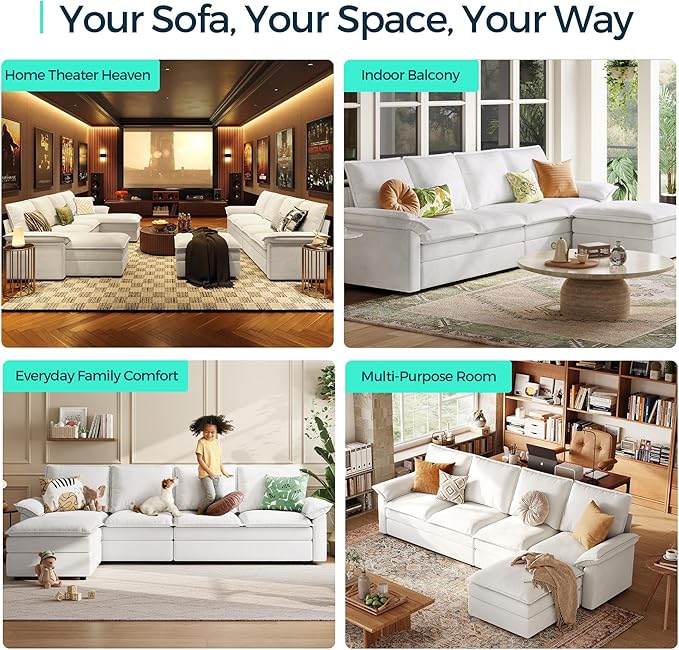 LINSY HOME Modular Cloud Couch, 113" L Shaped Sectional Sofa with Double Layer Cushions and Ottoman, Chenille 4 Seater Sofa Set for Living Room, Apartment, Beige