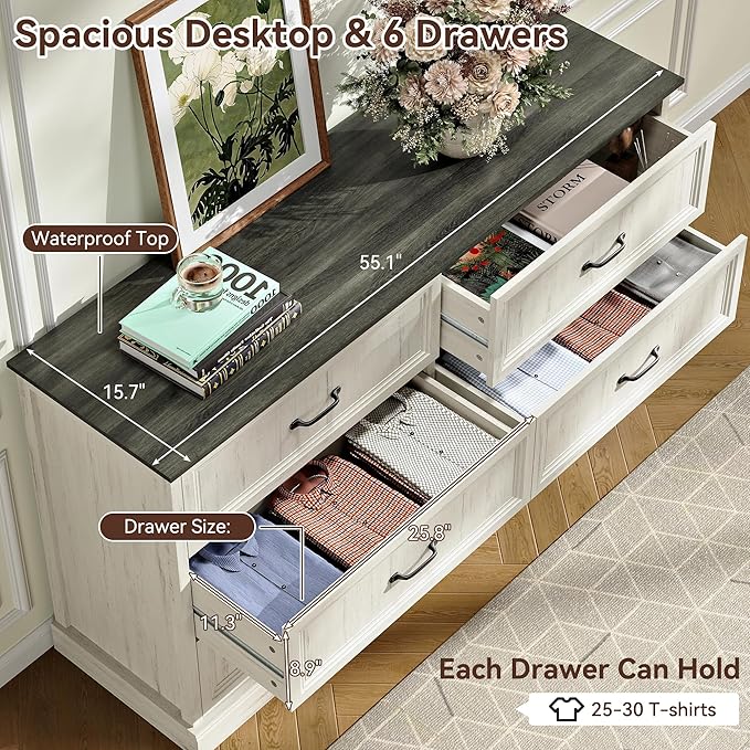 Farmhouse Dresser and Nightstand Sets, 4Pcs Bedroom Furniture Set, Nightstand Set of 2 & 55" Wide 6 Drawer and 44" Tall 5 Drawer Dresser with Large Drawers & Bar Handles, White