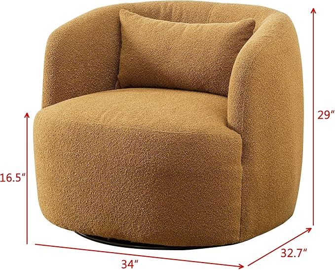KINWELL 34" Wide Boucle Swivel Barrel Chairs Set of 2, No Assembly Round Upholstered Armchairs Accent Chairs Single Sofa Chair with Toss Pillow for Living Room and Bedroom, Brown