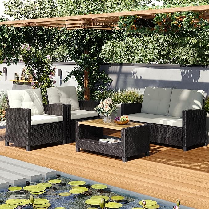 Wisteria Lane 4 Piece Patio Furniture Set, Wicker Outdoor Patio Conversation Furniture Set, All Weather Outdoor Patio Sofa with Cushion and Glass Table, Beige