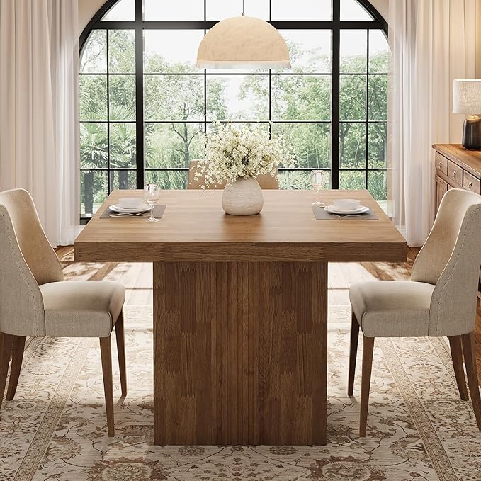 Tribesigns 39-Inch Square Dining Table for 4, Farmhouse Kitchen Dinner Table with Fluted Pedestal Base for Dining Room, Kitchen, Living Room, Apartments, Small Space, Easy to Assemble, Brown