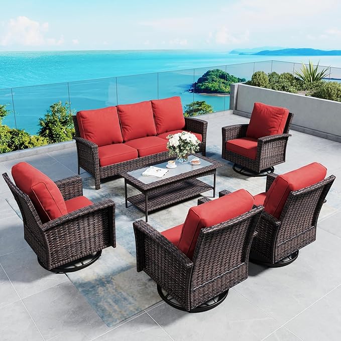 Patio Furniture Set with Swivel Chairs, High Back Wicker Rattan Furniture with Extra Thick Cushion and Coffee Table, Outdoor Conversation Set for Garden Backyard Deck,7 Seats Red