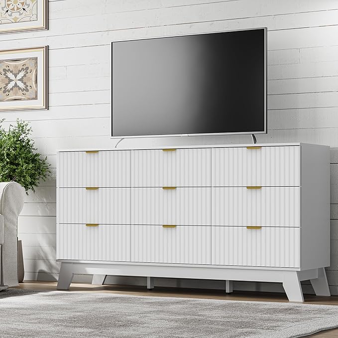 Fluted 9 Drawer Dresser, 57.1" Wide Modern Boho Chest of Drawers, Wooden Storage Dresser TV Stand for Bedroom, Living Room, Closet, Hallway, Curved Profile Design