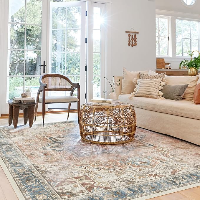 RUGGABLE Washable Vintage Area Rug – Kamran Coral 8x10, Stain-Resistant, Non-Slip – Large Machine Washable Rugs for Living Room, Bedroom, Hallway, Entryway & Office–with Standard Pad