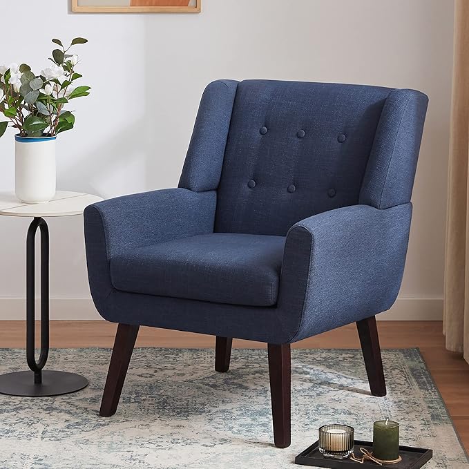 HUIMO Accent Chair Living Room Chair, Upholstered Button Tufted Armchair, Linen Fabric Sofa Chairs for Bedroom, Living Room, Mid Century Modern Comfy Reading Chair (Dark Blue)