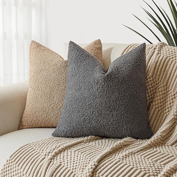 Foindtower Set of 2, Decorative Textured Boucle Throw Pillow Covers Accent Solid Pillow Cases Neutral Soft Cozy Couch Cushion Case for Chair Sofa Bedroom Living Room Home Decor 16 x 16 Inch Dark Grey