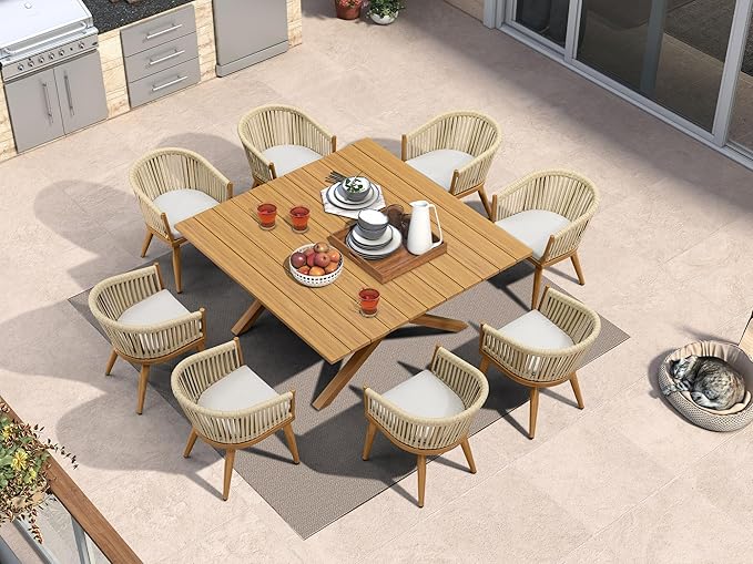 PURPLE LEAF 9 Pieces Outdoor Dining Set with Patio Aluminium Square Dining Table and Wicker Chairs Modern Furniture Cushions Sets for Backyard Indoor Decor Kitchen Teak