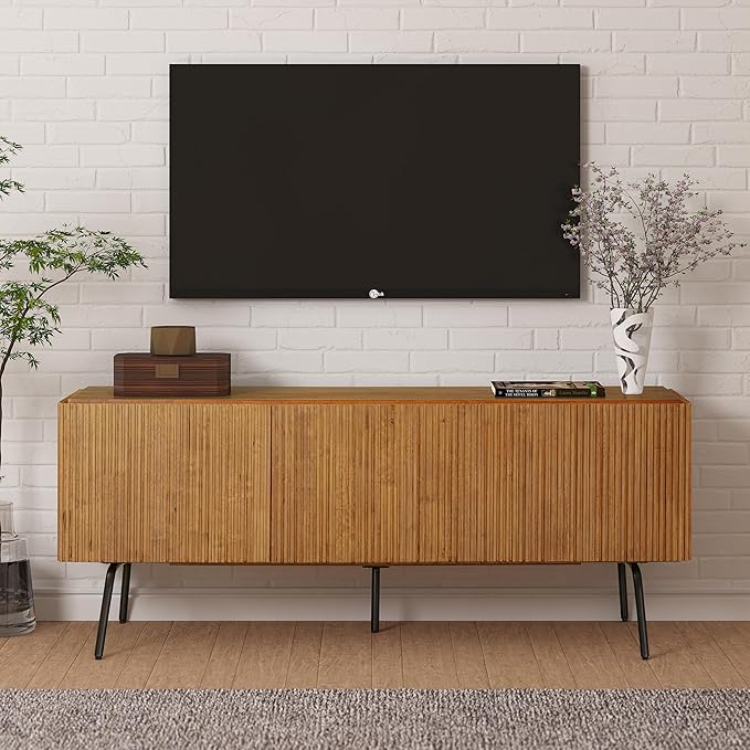 NTC Veil TV Stand with 3 Doors for TVs up to 60’’, Media Console with Vertical Groove Design and Metal Legs, Modern Entertainment Center for Living Room and Bedroom, Effortless Assembly, Teak Look