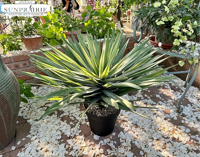 SUNPRAIRIE 27 inches Tall Artificial Agave Plant in Black Pot with Real Stone Pebbles, 126 Realistic Leaves. Large Faux Plants Indoor and Outdoor.