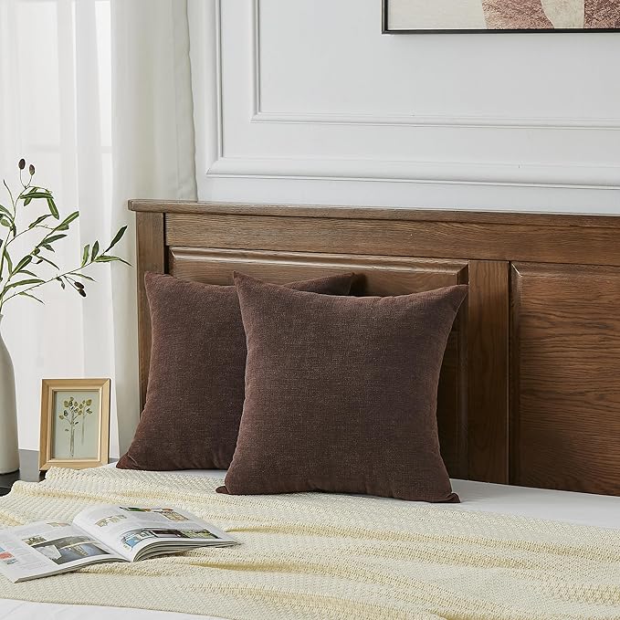 GAWAMAY Decorative Chenille Throw Pillow Covers 26x26 Inch Pack of 2, Soft Square Couch Pillow Cover for Sofa Cushion Living Room Bedroom Solid Dyed Oversized Pillowcases Coffee 66x66cm (ONLY Covers)
