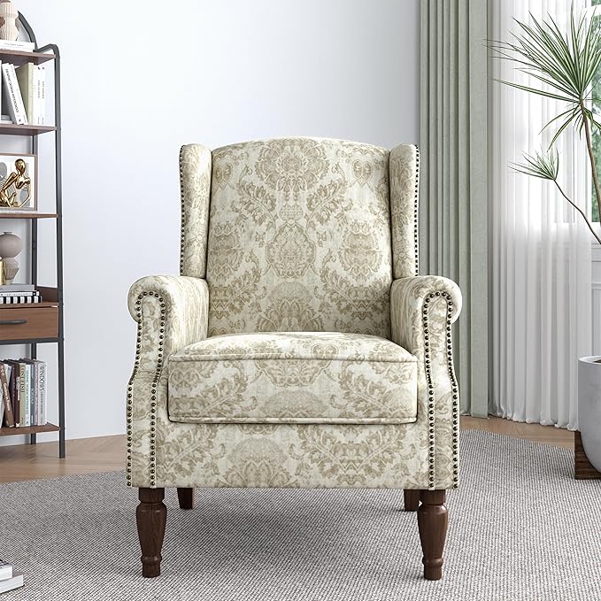 Lumibee Wingback Accent Chair,High Back Floral Armchairs in Fabric,Comfy Upholstered Reading Single Sofa Chair with Solid Wood Legs for Living Room,Bedroom,Office-White