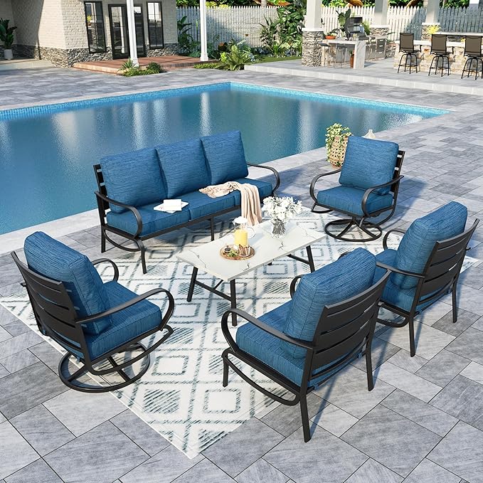 Sophia & William Patio Furniture Sets for 7 Outdoor Conversation Set 6 Pcs with 4 x Armrest Cushioned Sofa Chairs, 1 x 3-Seat Sofa, 1 Marbling Metal Coffee Table Garden Backyard Poolside Peacock Blue