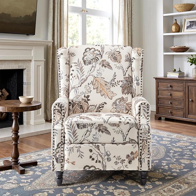 Recliner Chair, Upholstered Wingback Floral Pushback Armchair with Adjustable Backrest & Footrest, Comfy Accent Chair for Small Spaces, Living Room, Bedroom (Plants Beige, Set of 2)