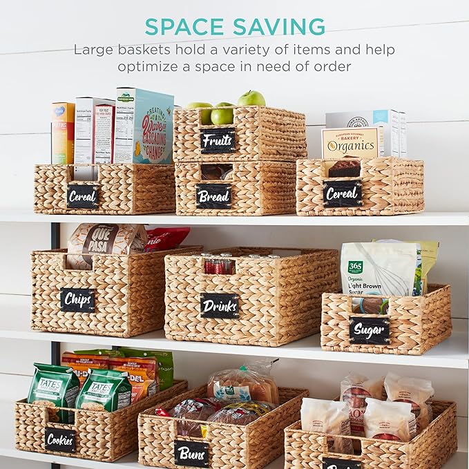 Best Choice Products Set of 4 9x12in Water Hyacinth Pantry Baskets, Woven Organizers w/Chalkboard Label, Chalk Marker - Natural