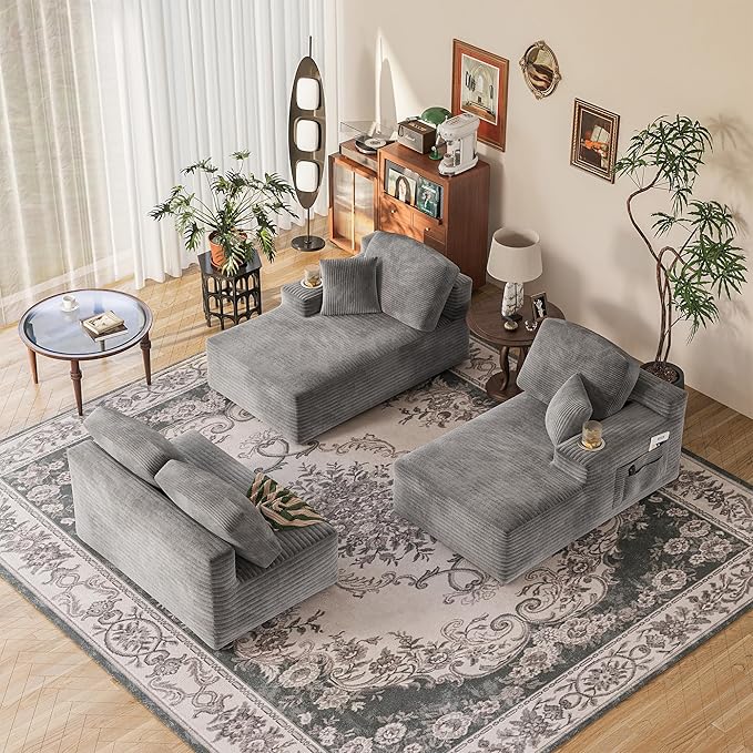 Homall 142" Boneless Couch, Modular Sectional Sofa, No Assembly Required, Memory Foam Filling, Corduroy U-Shaped Sofa, Movable Multi-Person Couch for Living Room (Grey)