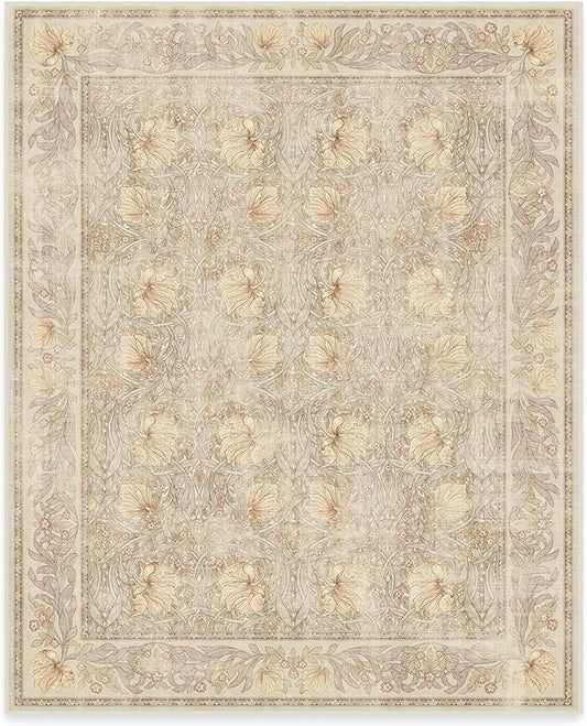 RUGGABLE x Morris & Co Washable Area Rug – Pimpernel Vintage Stone 8x10, Stain-Resistant, Non-Slip – Large Machine Washable Rugs for Living Room, Bedroom, Hallway, Entryway & Office–with Standard Pad