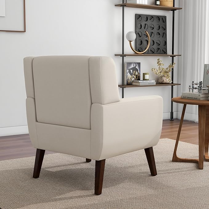 Accent Chair, Mid-Century Modern Fabric Chairs with Arms for Living Room, Comfy Upholstered Club Single Sofa Armchair for Bedroom Waiting Room with Solid Wood Frame (Fabric White, Set of 1)