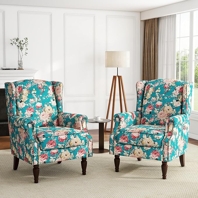 UIXE High Back Floral Accent Chairs Set of 2, Upholstered Armchair in Fabric, Retro Printed Wingback Arm Chair for Living Room, Nailhead Trim Single Sofa Bedroom Reading Seat - Peacock Blue