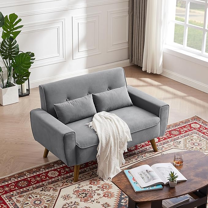 48.8" Small Loveseat Sofa, Mid Century Modern Love Seat Couch with Back Cushions and Plastic Legs, 2 Seater Couches for Living Room, Bedroom, Small Spaces, Light Grey