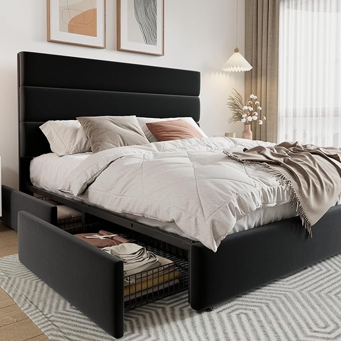 Allewie Modern Full Size Platform Bed Frame with 4 Storage Drawers and Velvet Upholstered Headboard, Wooden Slats Support, Upholstered Mattress Foundation/No Box Spring Needed/Easy Assembly, Black