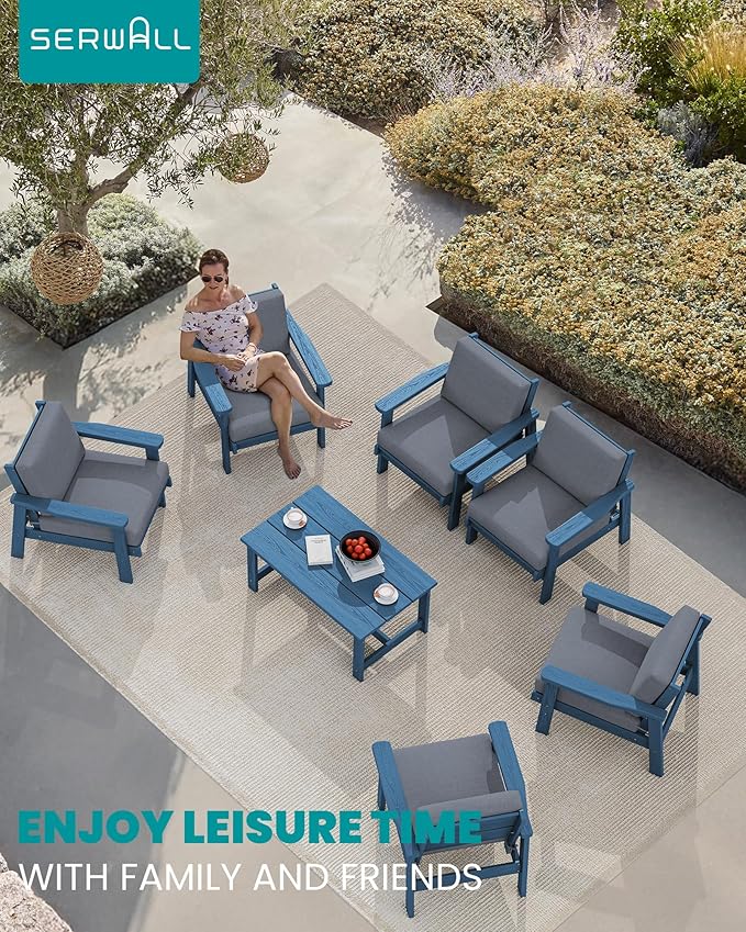 SERWALL HDPE Outdoor Furniture Set, 7 Piece All Weather Wood-Like Outdoor Sofa Sectional Couch, Blue Patio Furniture Set with Grey Cushions