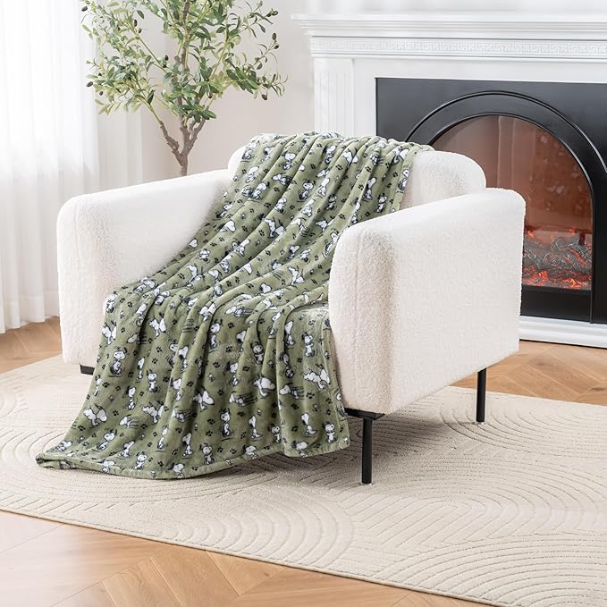 Berkshire Blanket Peanuts VelvetLoft Cute Character Snoopy Plush Throw Blanket,Peanuts Poses and Paws Loden,Throw 55 in x 70 in (Official Peanuts® Product)