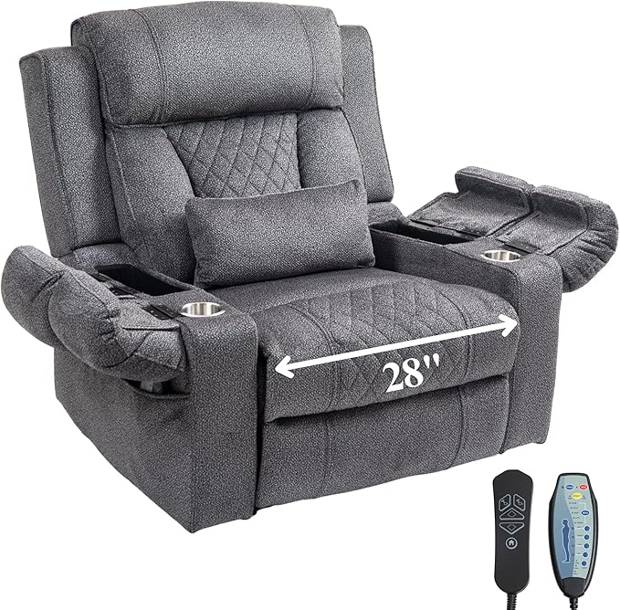 Big Man Power Lift Recliner for Elderly Adults 28 Inch Wide Seat, Lay Flat Lift Chair with Heat Massage, Flip Arm Storage Cup Holders, USB Type C Charging (Grey Chenille)