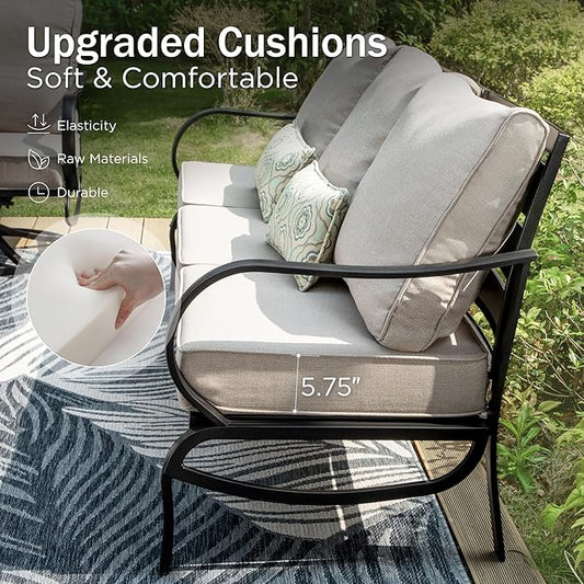 PHI VILLA 8 PCS Patio Furniture Set with 1 x 45 FirePit Table, 1 x 72 Sofa Bench, 4 x Armrest Sofa Chairs and 2 x Metal Cushioned Ottoman