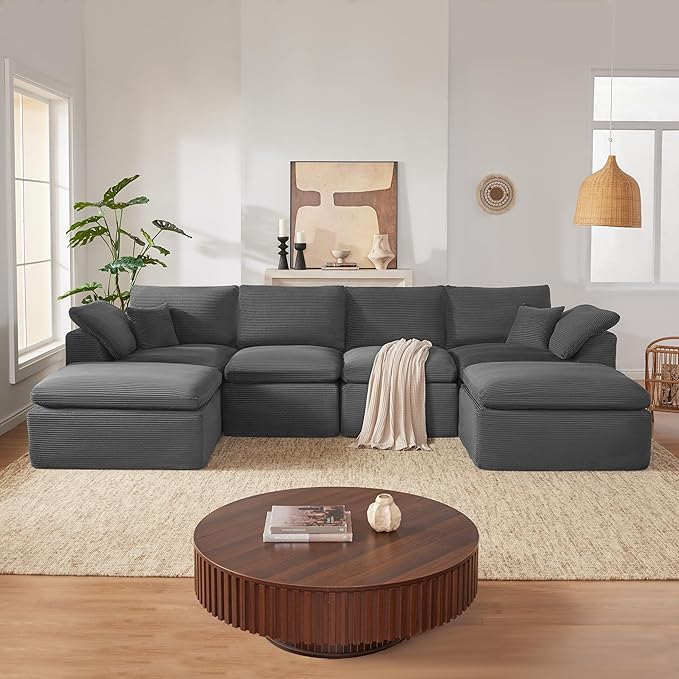 143" Cloud Sectional Couch, Boneless couches for Living Room,U Shaped Couch with Convertible Ottoman, Modular Sectional Sofa with Deep Seat, Comfy Soft Cushions, No Assembly, Gray