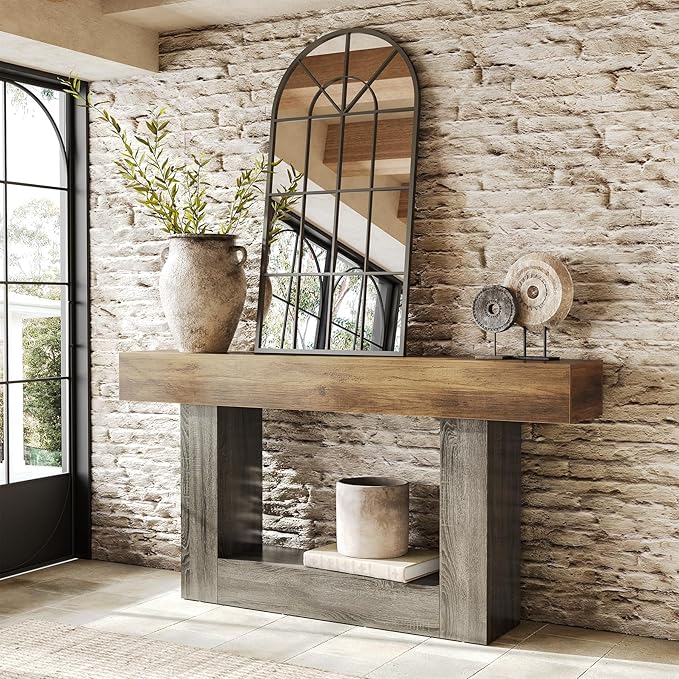 LITTLE TREE 63 Inches Long Console Table, 2-Tier Farmhouse Sofa Table Behind Couch, Large Narrow Entryway Table for Living Room, Wooden Hallway Foyer Table with Heavy Duty Base, Rustic Brown and Grey