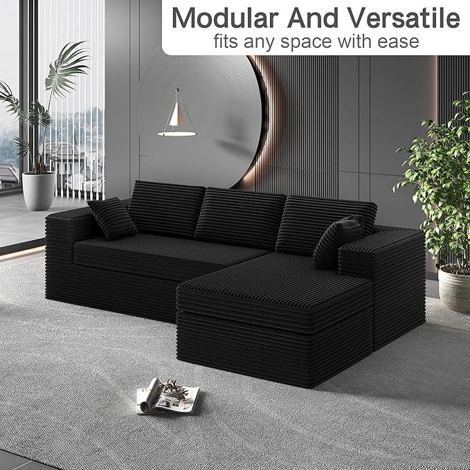 108-inch Boneless Couch for Living Room,Comfy Boneless Sofa with Deep Seats & Chaise Lounge, 3-Seat Modular Sofa Memory Foam Sectional Couches - No Assembly Required(Dark Black)