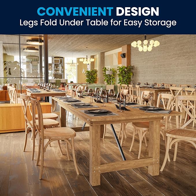 Flash Furniture Hercules Series 8' x 40" Rustic Solid Pine Folding Dining Table, Rectangular Antique Farmhouse Dining and Event Extension Table