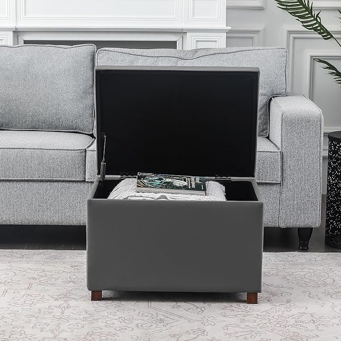 Asense 24'' Small Square Ottoman with Lift Off Lid, Storage Cube Leather Ottoman for Foot Rest, Footstool for Dorm, Living Room, Bedroom,Slate Gray