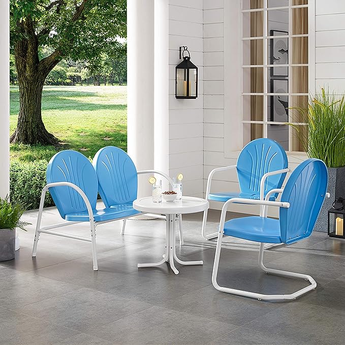 Crosley Furniture Griffith 4-Piece Retro Metal Outdoor Loveseat Patio Furniture Set for Porch, Deck, Balcony, Sky Blue