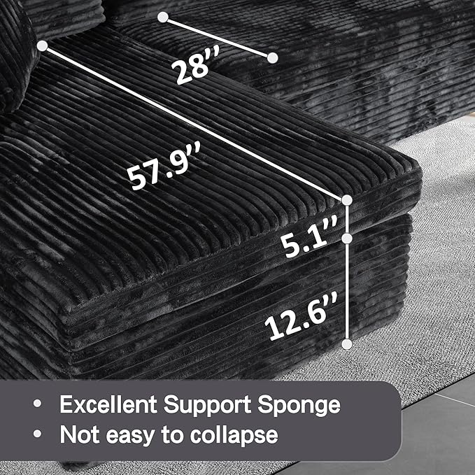 108-inch Boneless Couch for Living Room,Comfy Boneless Sofa with Deep Seats & Chaise Lounge, 3-Seat Modular Sofa Memory Foam Sectional Couches - No Assembly Required(Dark Black)