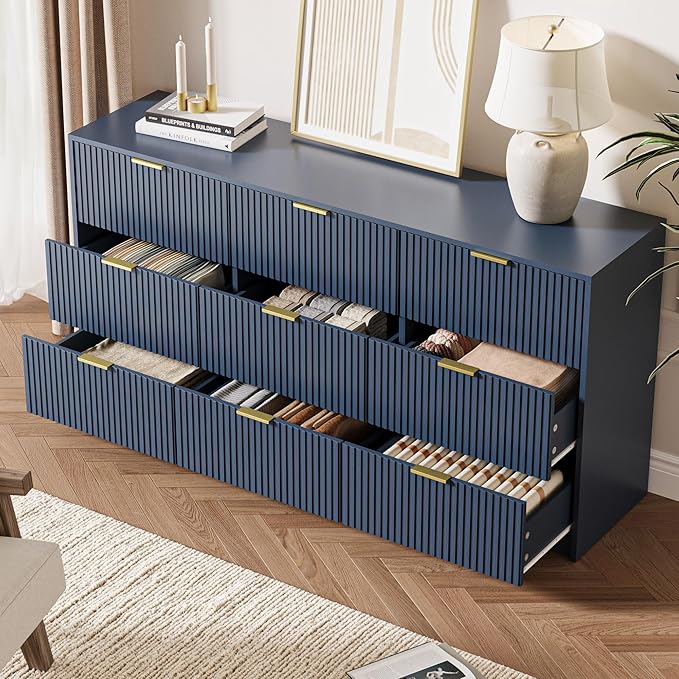 Navy Dresser for Bedroom, 9 Drawer Double Dresser, Modern Chest of Drawers for Bedroom, Living Room, Entryway and Closet, 63" L x 15.7" D x 31.5" H